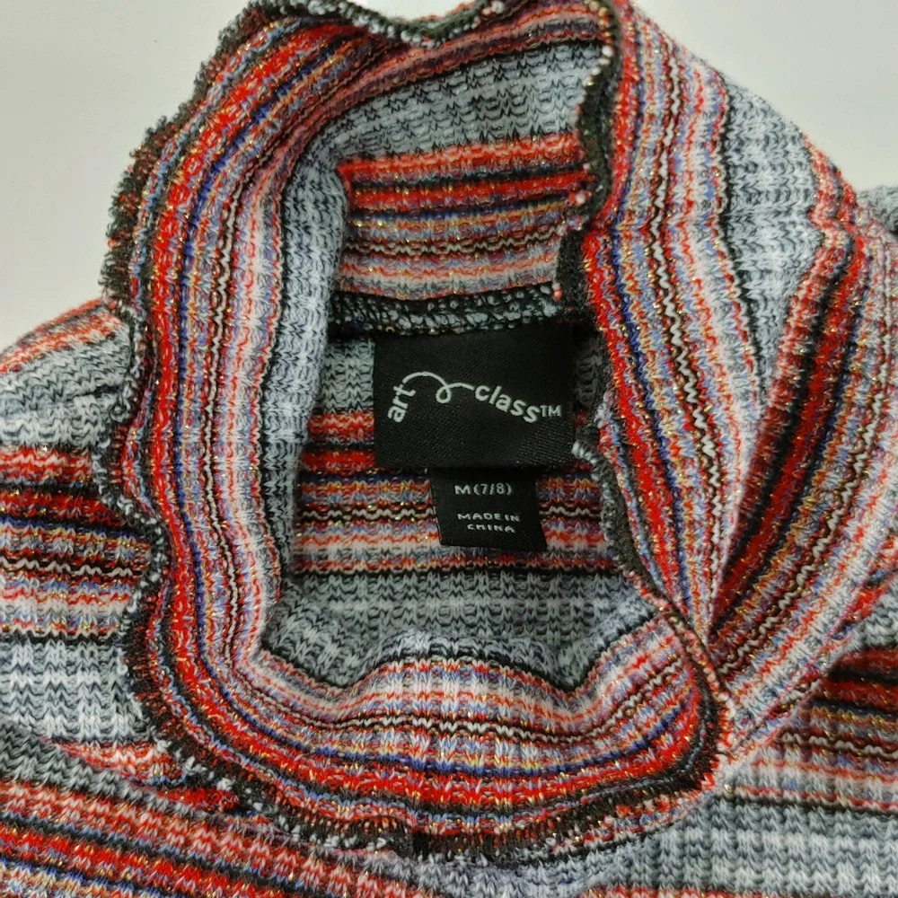 Art Class Striped Mock Neck Long Sleeve Top Girls Size‎ M 7 8 Red Gray Metallic